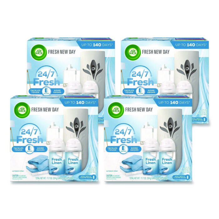 Air Wick Freshmatic Ultra Automatic Starter Kit, Gadget/(2) 5.89 oz Fresh Linen Refills/AA Battery, 4 Kits/Carton (RAC01918CT)