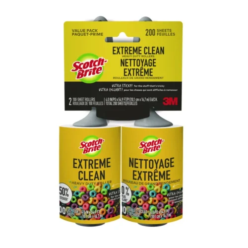 Scotch-Brite Extreme Clean Lint Roller, 4" x 54.59 ft, 100 Sheets/Roll, 2/Pack (MMM830RS100TP)