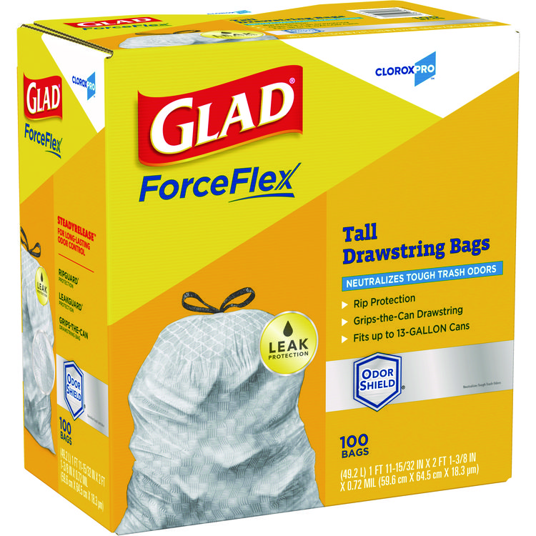 Glad CloroxPro ForceFlex Tall Kitchen Drawstring Trash Bags, 13 gal, 23.75" x 24.88", Gray, 100/Box (CLO70427)