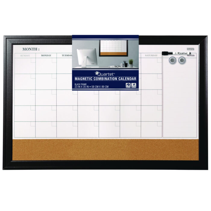Quartet Magnetic Combination Dry Erase Calendar/Cork Board, 35 x 23, Tan/White Surface, Black Wood Frame (QRT79284)