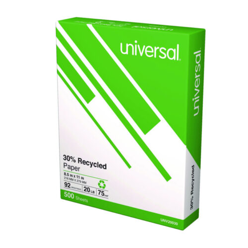 Universal 30% Recycled Copy Paper, 92 Bright, 20 lb Bond Weight, 8.5 x 11, White, 500 Sheets/Ream, 10 Reams/Carton (UNV20030)