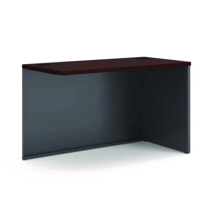 HON 38000 Series Return Shell is a durable work surface with a high-pressure laminate top that resists moisture, scratches, and stains. It includes two grommets for easy cord management and a full-height modesty panel for privacy. This piece is not freestanding and should be used with a desk shell to create an L-shaped workstation or paired with two return shells and a corner unit to make a corner workstation. The return shell has the right orientation and comes in a mahogany/charcoal color combination. Its overall width is 48 inches.
