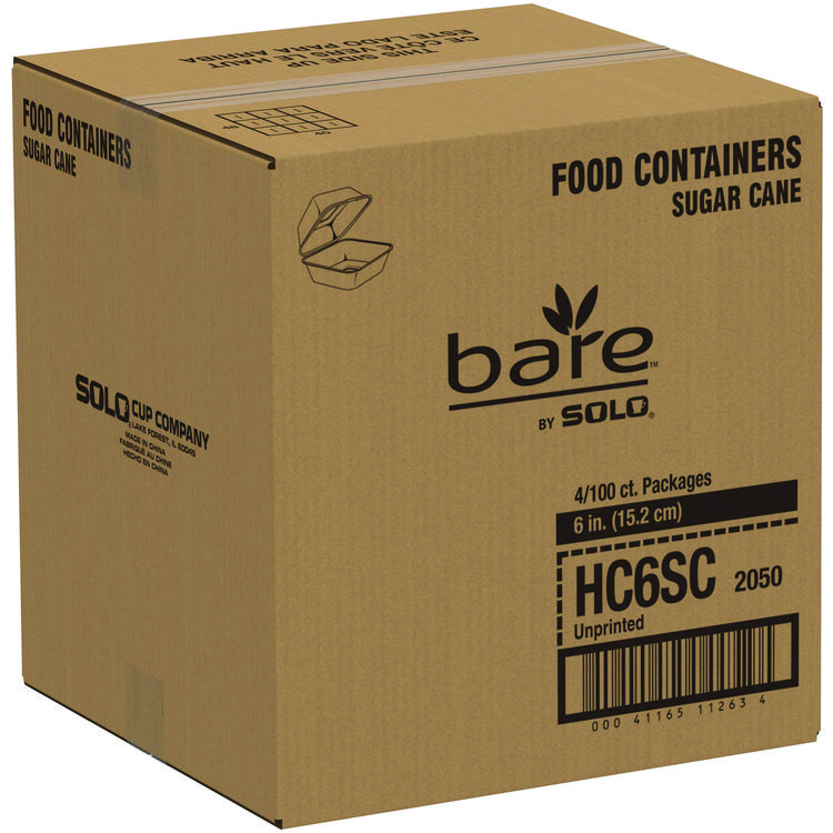SOLO Bare Eco-Forward Bagasse Hinged Lid Containers, 5.8 x 6.1 x 3.2, Ivory, Sugarcane, 400/Carton (SCCHC6SC)