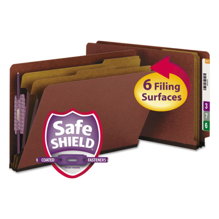 Smead End Tab Pressboard Classification Folders, Six SafeSHIELD Fasteners, 2" Expansion, 2 Dividers, Legal Size, Red, 10/Box (SMD29860)