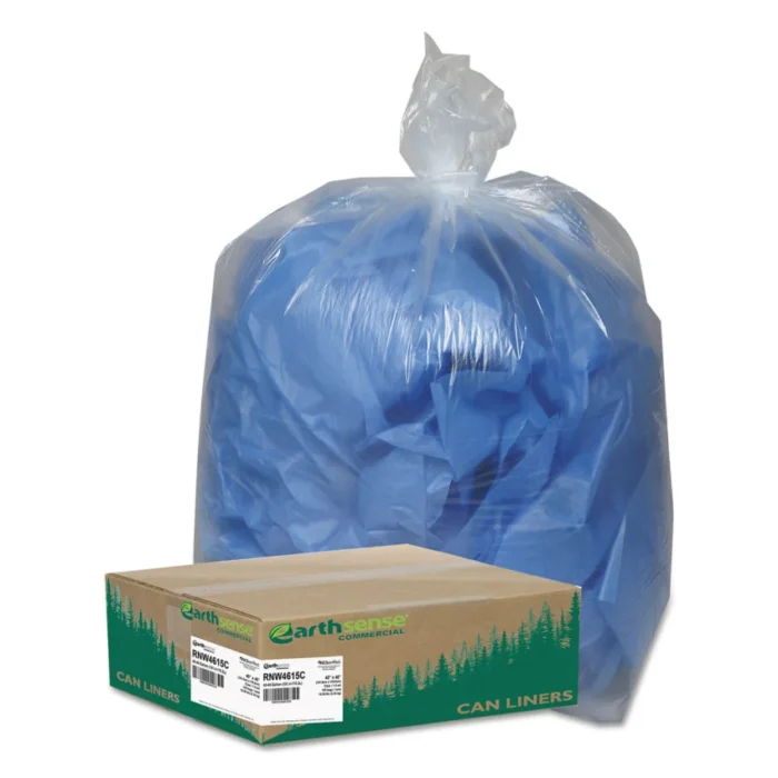 Earthsense Commercial Linear Low Density Clear Recycled Can Liners, 45 gal, 1.5 mil, 40" x 46", Clear, 10 Bags/Roll, 10 Rolls/Carton (WBIRNW4615C)