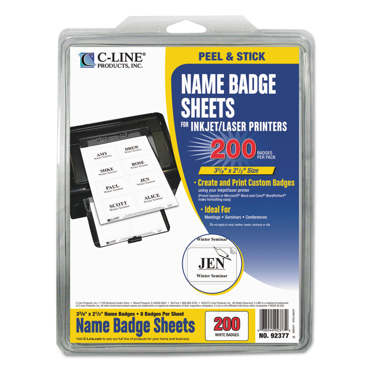 C-Line Laser Printer Name Badges, 3 3/8 x 2 1/3, White, 200/Box (CLI92377)