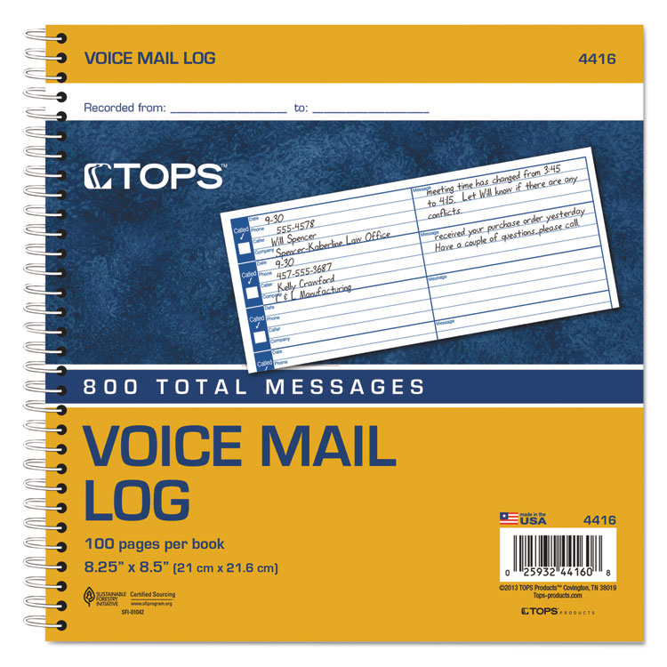 TOPS Voice Message Log Books, One-Part (No Copies), 8 x 1, 8 Forms/Sheet, 800 Forms Total (TOP4416)