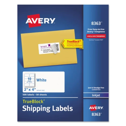 Avery Shipping Labels w/ TrueBlock Technology, Inkjet Printers, 2 x 4, White, 10/Sheet, 50 Sheets/Box (AVE8363)