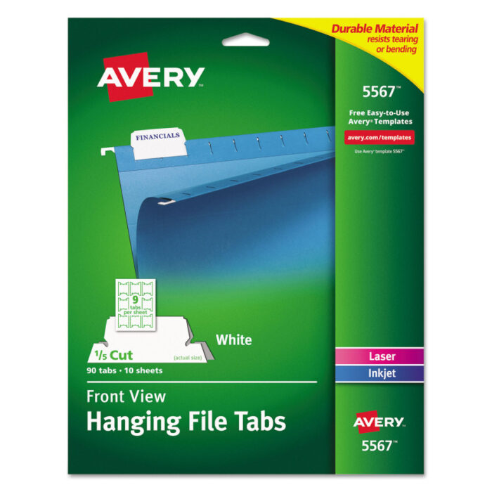 Avery Laser Printable Hanging File Tabs, 1/5-Cut, White, 2.06" Wide, 90/Pack (AVE5567)