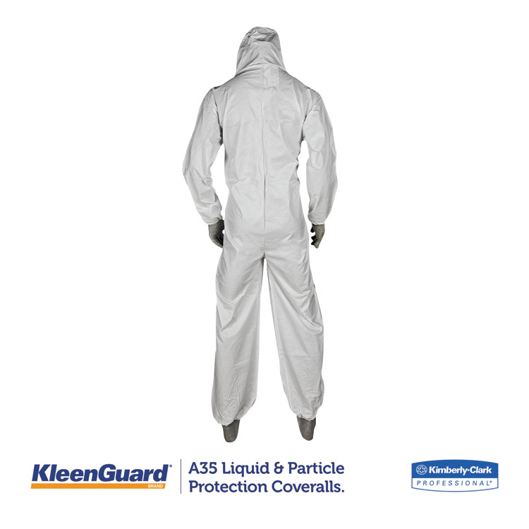 KleenGuard A35 Liquid and Particle Protection Coveralls, Zipper Front, Hooded, Elastic Wrists and Ankles, Large, White, 25/Carton (KCC38938)