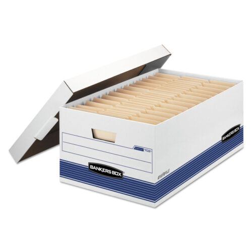 Bankers Box STOR/FILE Medium-Duty Storage Boxes, Legal Files, 15.88" x 25.38" x 10.25", White/Blue, 4/Carton (FEL0070205)