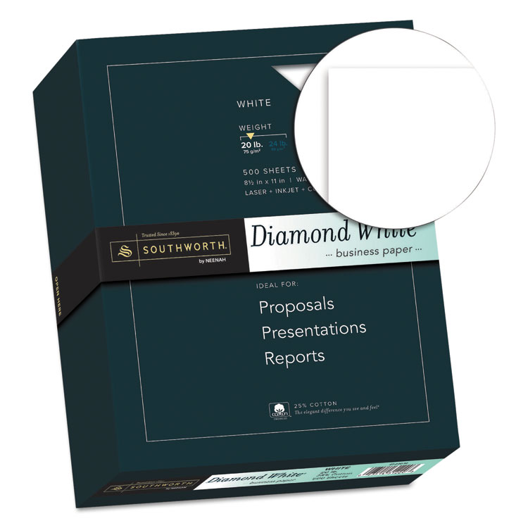Southworth 25% Cotton Diamond White Business Paper, 95 Bright, 20 lb Bond Weight, 8.5 x 11, 500/Ream (SOU3122010)