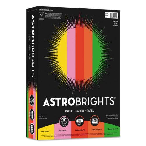 "Astrobrights “Vintage” Assortment Color Paper is thick, colorful paper (24 lb weight) perfect for eye-catching projects like posters, flyers, crafts, or school work. Its bold vintage shades (8.5” x 11” sheets) make designs pop without needing expensive colored ink—just print on vibrant paper! With 500 sheets per pack, you get a mix of retro-inspired colors in durable, extra-thick paper that works for single or double-sided printing. Great for creative ideas that need to stand out! "