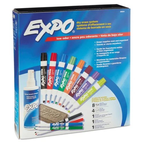 EXPO Low-Odor Dry Erase Marker, Eraser and Cleaner Kit, Medium Assorted Tips, Assorted Colors, 12/Set (SAN80054)