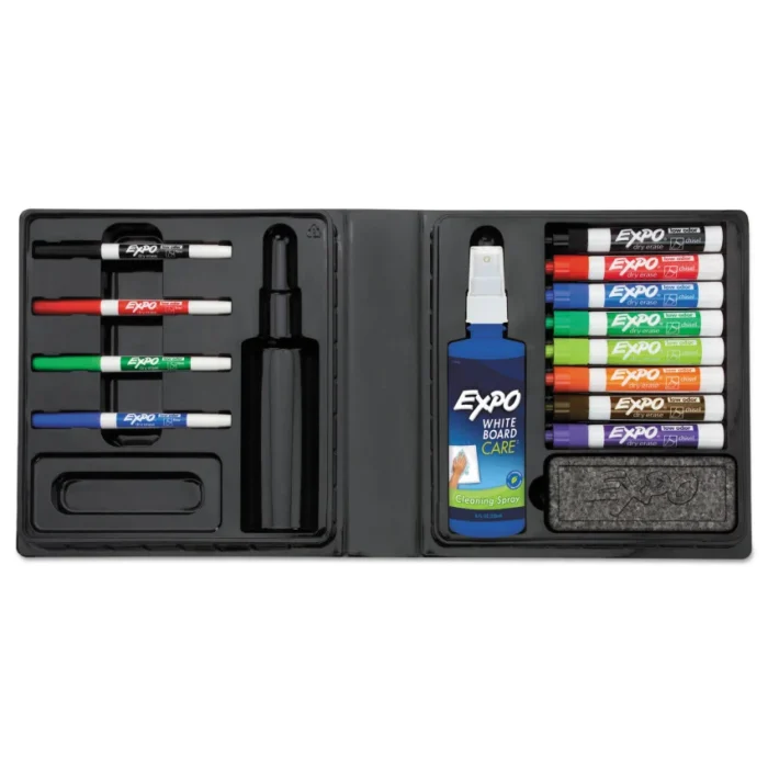 EXPO Low-Odor Dry Erase Marker, Eraser and Cleaner Kit, Medium Assorted Tips, Assorted Colors, 12/Set (SAN80054)