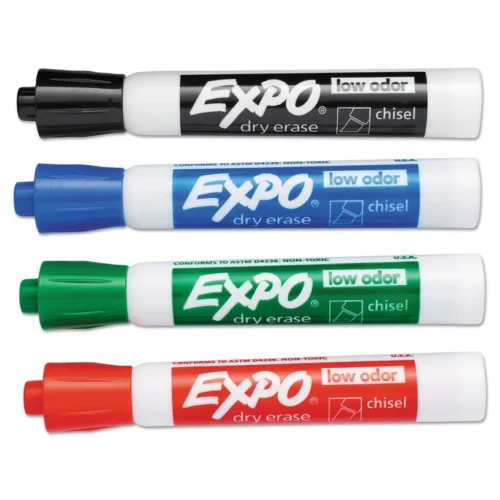 EXPO Low-Odor Dry-Erase Marker, Broad Chisel Tip, Assorted Colors, 4/Set (SAN80074)