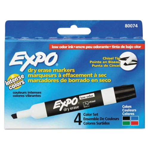 EXPO Low-Odor Dry-Erase Marker, Broad Chisel Tip, Assorted Colors, 4/Set (SAN80074)