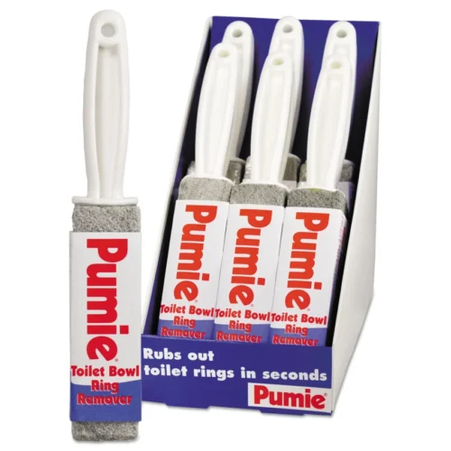 Pumie Toilet Bowl Ring Remover with Handle is a gray pumice stone that easily removes stains from toilets, urinals, sinks, tiles, and grout. It works fast on rust and hard water stains, without using harsh chemicals. It's safe, non-toxic, and comes in a pack of 6. Each stick is 1.25" x 5".