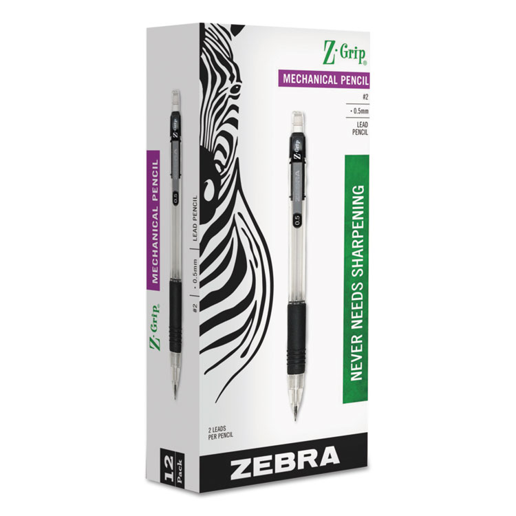 Zebra Z-Grip Mechanical Pencil, 0.5 mm, HB (#2), Black Lead, Clear/Black Barrel, Dozen (ZEB52310)