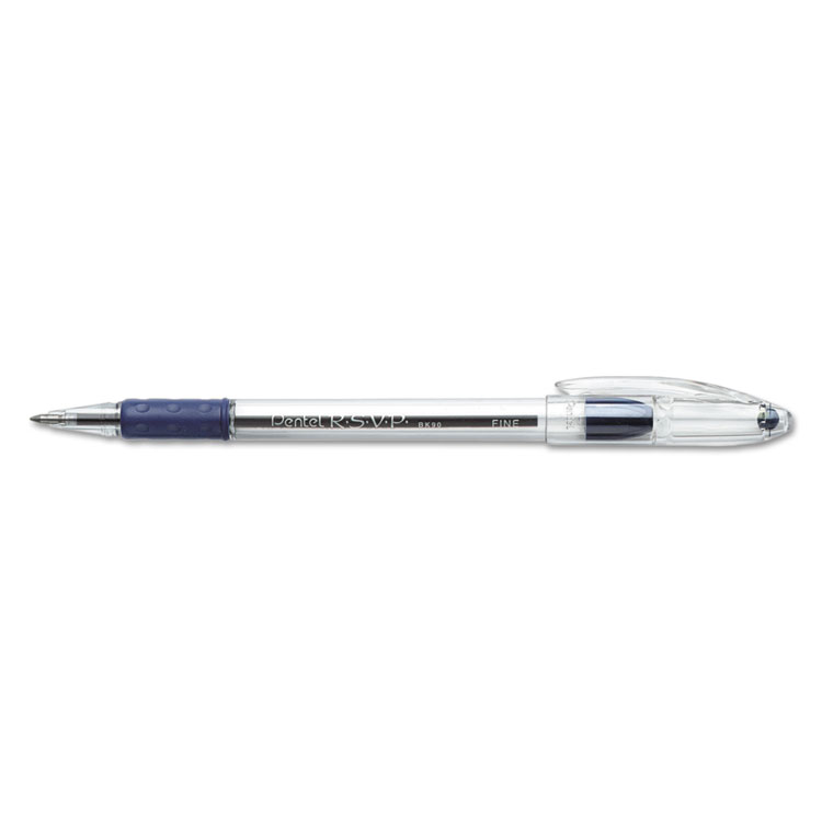 Pentel R.S.V.P. Ballpoint Pen, Stick, Fine 0.7 mm, Blue Ink, Clear/Blue Barrel, Dozen (PENBK90C)