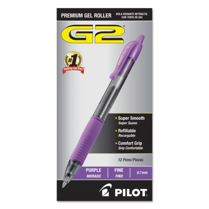 Pilot G2 Premium Gel Pen, Retractable, Fine 0.7 mm, Purple Ink, Smoke/Purple Barrel, Dozen (PIL31029)