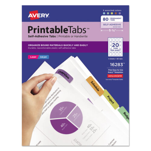 Avery Printable Plastic Tabs with Repositionable Adhesive, 1/5-Cut, Assorted Colors, 1.75" Wide, 80/Pack (AVE16283)
