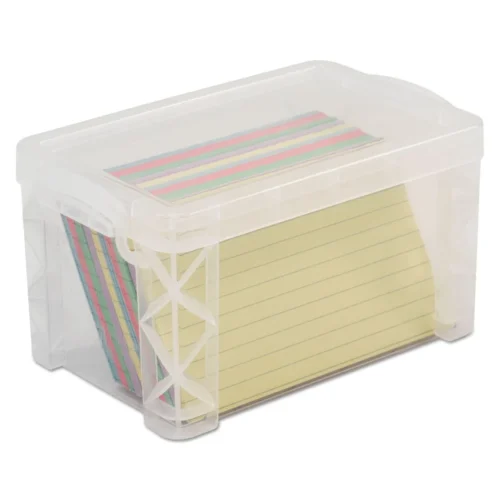 Keep your 3x5 cards (like recipes, notes, or index cards) neatly organized with the Advantus Super Stacker box. This clear plastic box holds up to 400 cards and stacks easily to save space. The sturdy lid snaps securely with handles, keeping contents safe during moving. Its compact size in inches (6.25 x 3.88 x 3.5) fits shelves or drawers, and the see-through design helps you quickly spot what’s inside. Perfect for homes, offices, or classrooms.