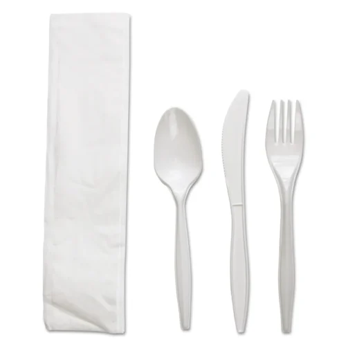 Boardwalk Four-Piece Cutlery Kit, Fork/Knife/Napkin/Teaspoon, White, Polypropylene, 250/Carton (BWKFKTNMWPPWH)