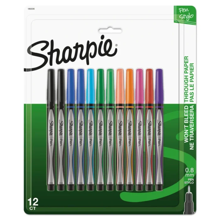 Sharpie Water-Resistant Ink Porous Point Pen, Stick, Fine 0.4 mm, Assorted Ink and Barrel Colors, Dozen (SAN1802226)