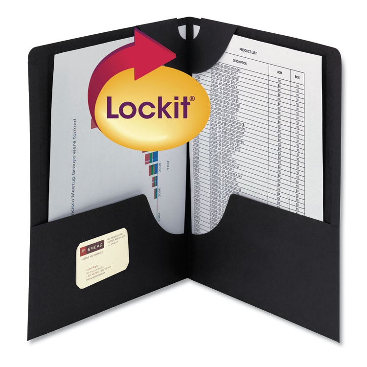 Smead Lockit Two-Pocket Folder, Textured Paper, 100-Sheet Capacity, 11 x 8.5, Black, 25/Box (SMD87981)