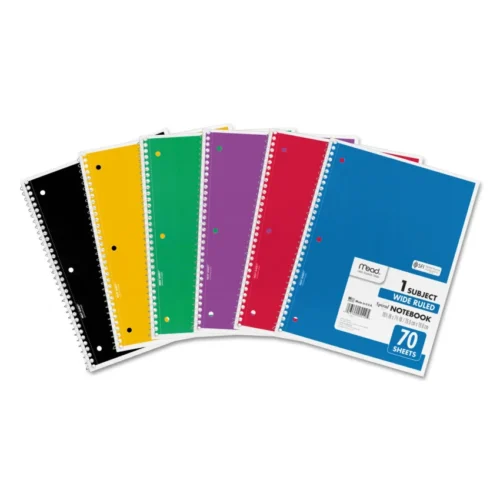 Mead Spiral Notebook, 1-Subject, Wide/Legal Rule, Assorted Cover Colors, (70) 10.5 x 8 Sheets, 6/Pack (MEA73063)