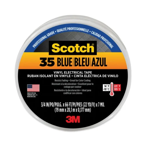 3M Scotch 35 Vinyl Electrical Color Coding Tape, 3 Core, 0.75 x 66 ft, Blue (MMM10836)