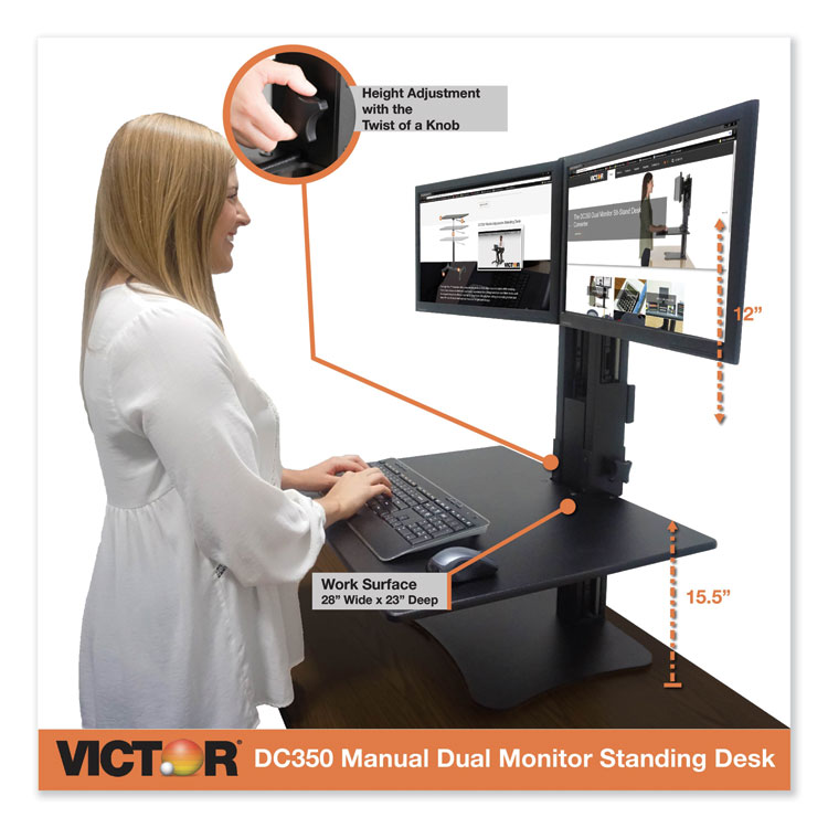 VCTDC350A - Victor High Rise Dual Monitor Standing Desk Workstation, 28" x 23" x 10.5" to 15.5", Black (VCTDC350A) - Image 2