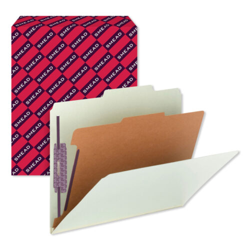 Keep your documents secure and organized with these heavy-duty Smead pressboard classification folders. Featuring patented SafeSHIELD coated fasteners, they help prevent paper tears, finger cuts, and crinkling. The durable pressboard cover and tear-resistant gusset provide extra strength for long-lasting use. Each letter-size folder includes four fasteners and one divider to separate and organize your papers. The 2/5-cut tab is positioned right of center for easy labeling. Comes in gray-green, with 10 folders per box.