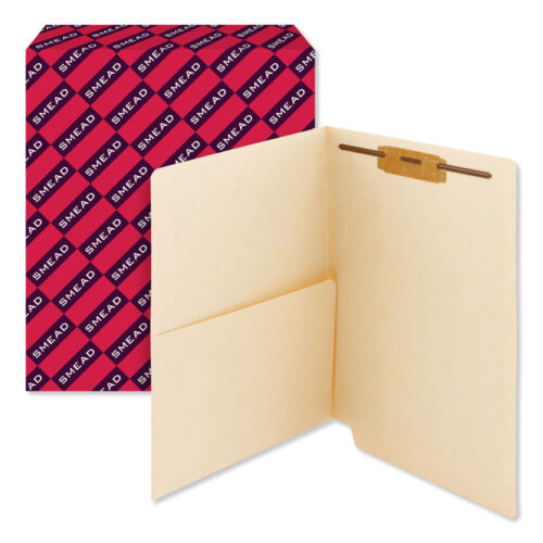 Smead Heavyweight End Tab Fastener Folders, Interior Front-Cover Pocket, 0.75" Expansion, 1 Fastener, Letter Size, Manila, 50/Box (SMD34100)