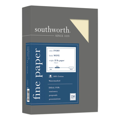Southworth 100% Cotton Business Paper offers a premium feel with its cotton fiber texture. This durable paper is perfect for important documents like reports, presentations, and legal papers. The ivory color and high-quality design make a strong first impression, adding a touch of class. It’s also highly durable and can last for years, just like historic documents. This paper measures 8.5 x 11 inches and has a 32 lb bond weight, with 250 sheets per pack.