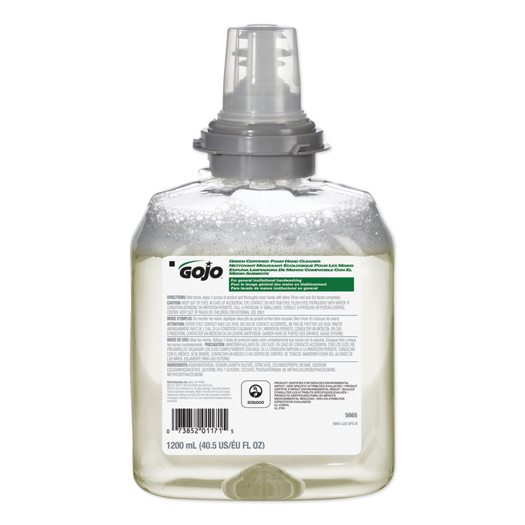 GOJO TFX Green Certified Foam Hand Cleaner Refill, Unscented, 1,200 mL, 2/Carton (GOJ566502CT)