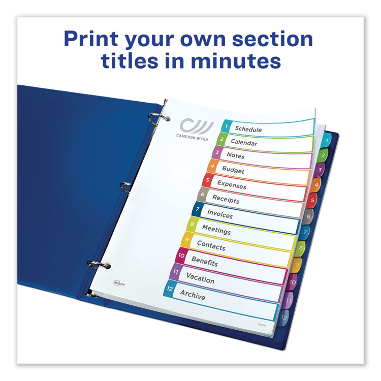 Avery Customizable TOC Ready Index Multicolor Tab Dividers, 12-Tab, 1 to 12, 11 x 8.5, White, Contemporary Color Tabs, 1 Set (AVE11843)