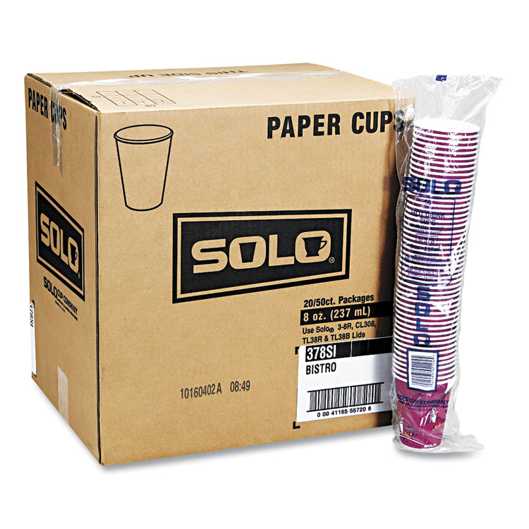 SOLO Paper Hot Drink Cups in Bistro Design, 10 oz, Maroon, 1,000/Carton (SCC370SI)