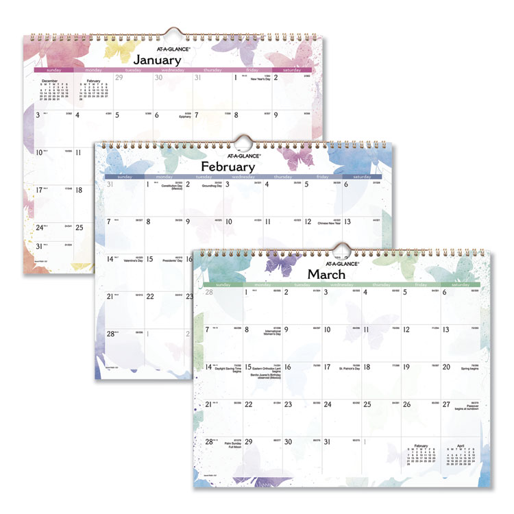 AT-A-GLANCE Watercolors Recycled Monthly Wall Calendar, Butterflies Artwork, 15 x 12, White/Multicolor Sheets, 12-Month (Jan-Dec): 2025 (AAGPM91707)
