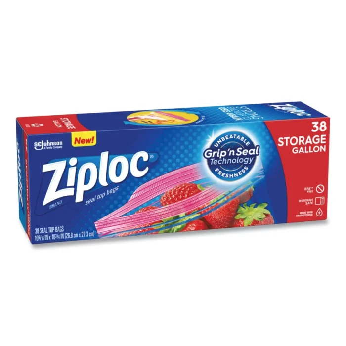 Ziploc Double Zipper Storage Bags, Triple System Seal, Gallon, 10.56" x 10.75", Clear, 38 Bags/Box, 9 Boxes/Carton (SJN314470)