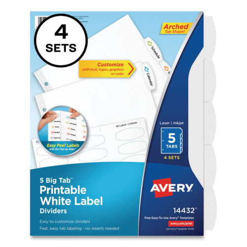 Avery Big Tab Printable White Label Tab Dividers, 5-Tab, 11 x 8.5, White, 4 Sets (AVE14432)