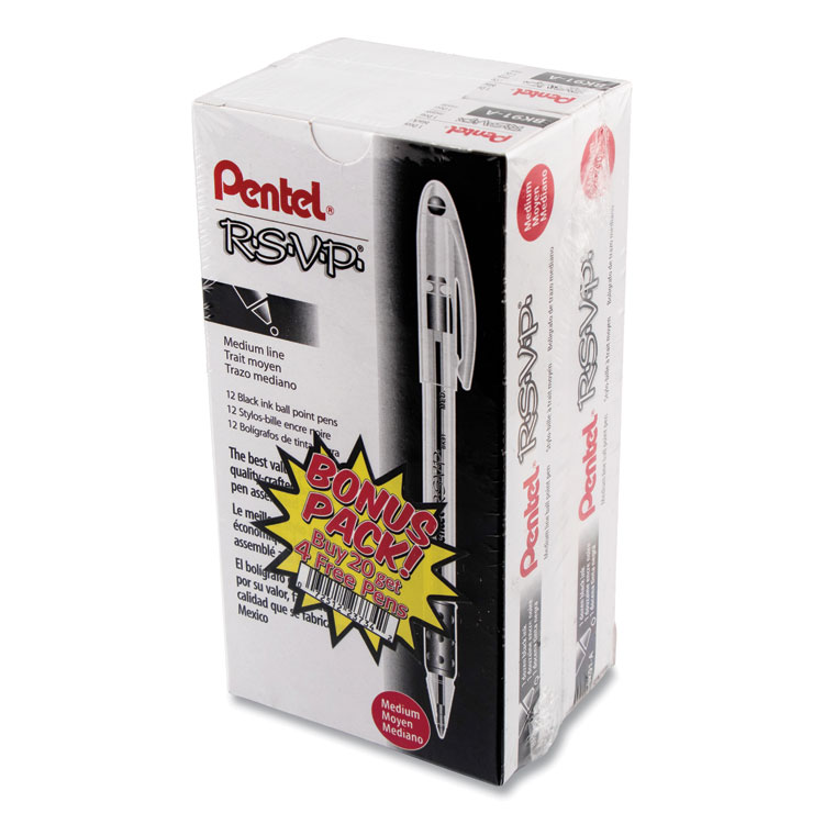 Pentel R.S.V.P. Ballpoint Pen Value Pack, Stick, Medium 1 mm, Black Ink, Clear/Black Barrel, 24/Pack (PENBK91ASWUS)