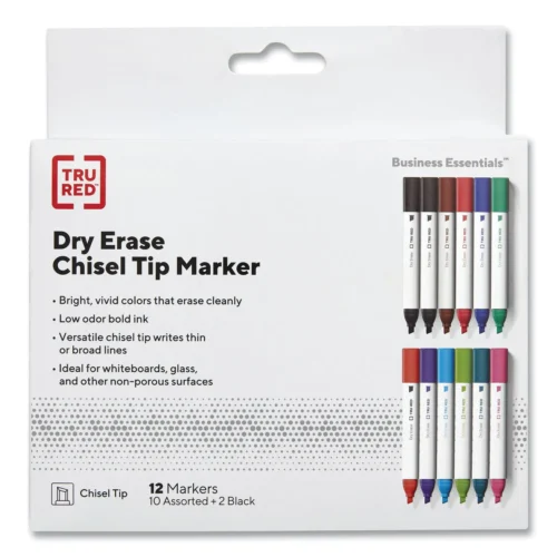 TUD24376599 Dry Erase Markers write bold and clear on whiteboards, glass, and more. The chisel tip lets you write thick or thin lines. Low-odor, non-toxic ink is safe for schools, offices, and home use. The comfortable grip prevents rolling. Easy to erase, with assorted colors for versatile use.