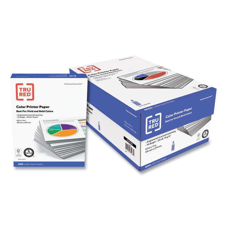 TRU RED Color Printer Paper, 96 Bright, 20 lb Bond Weight, 8.5 x 11, 500 Sheets/Ream, 8 Reams/Carton (TUD24401981)