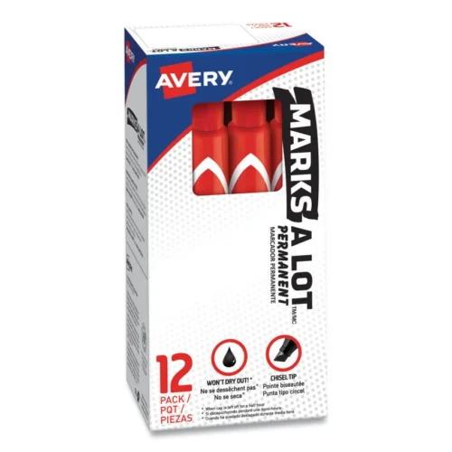 Avery MARKS A LOT Large Desk-Style Permanent Marker, Broad Chisel Tip, Red, Dozen (8887) (AVE08887)