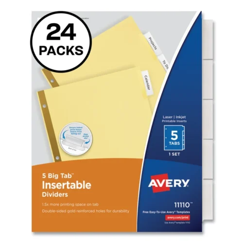 Avery Insertable Big Tab Dividers, 5-Tab, Double-Sided Gold Edge Reinforcing, 11 x 8.5, Buff, Clear Tabs, 24 Sets (AVE11113)