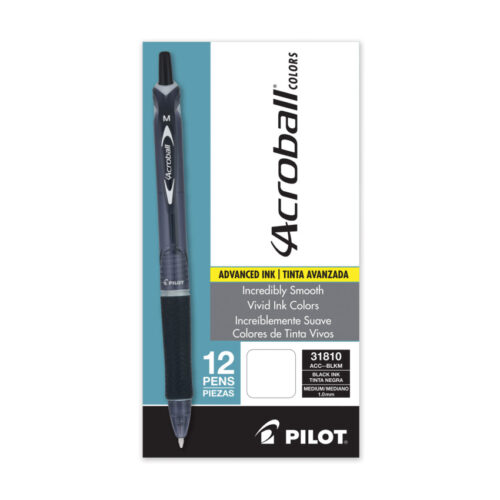 Pilot Acroball Colors Advanced Ink Hybrid Gel Pen, Retractable, Medium 1 mm, Black Ink, Smoke/Black Barrel, Dozen (PIL31810)