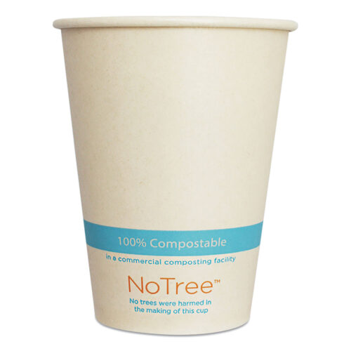 World Centric NoTree Paper Cold Cups (12 oz, Natural, 1,000 per carton) are made from unbleached bamboo paper, a rapidly renewable resource, so no trees are used in making them. These cups feature double plant-based linings: an inner lining to prevent moisture and an outer lining to stop sweating. They are disposable, freezer-safe, and contain no wax or plastic. Ideal for cold drinks, they can also hold liquids up to 220°F. These cups are 100% compostable in a commercial composting facility within two to four months but not microwavable.