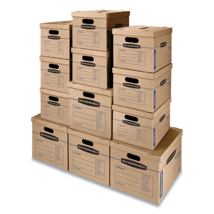 Bankers Box SmoothMove Classic Moving/Storage Box Kit, Half Slotted Container (HSC), Assorted Sizes: (8) Small, (4) Med, Brown/Blue,12/CT (FEL7716401)